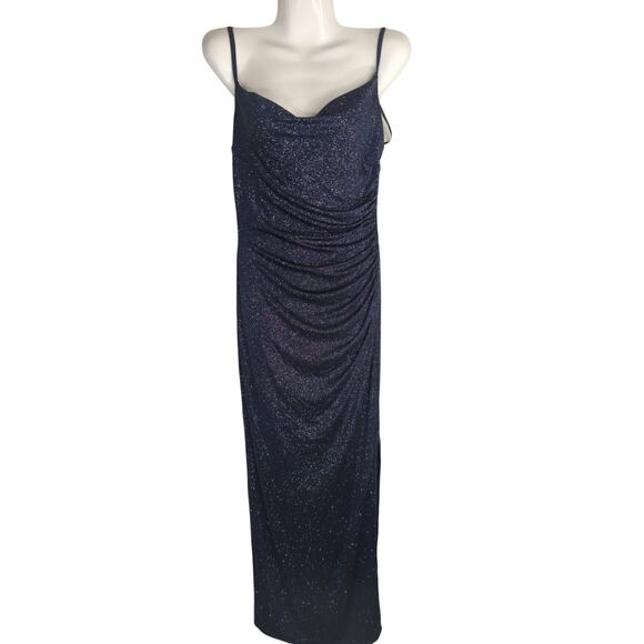 Laundry by Shelli Segal Blue Metallic Ruched Side Slit Hem Dress Women's Size 2 - Picture 3 of 13